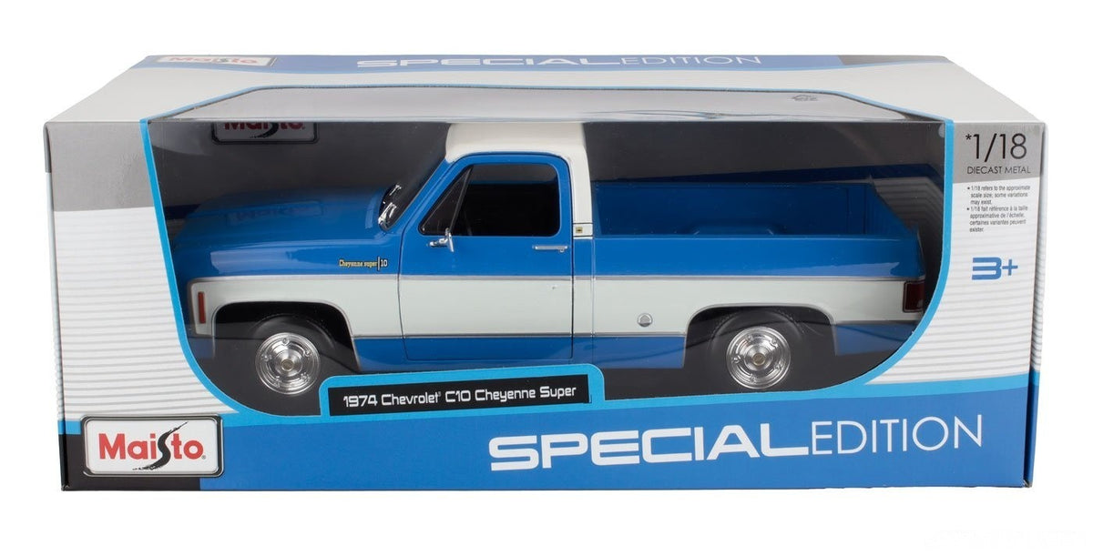 Maisto 1974 Chevrolet C-10 Pickup Truck Cheyenne Super Blue and White 1:18