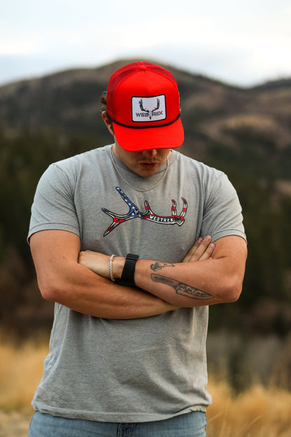 “Red Lightning Wes” 5-Panel Trucker Hat – Retro Western Mesh Back | Original Westrek Logo Cap | Red & White Snapback